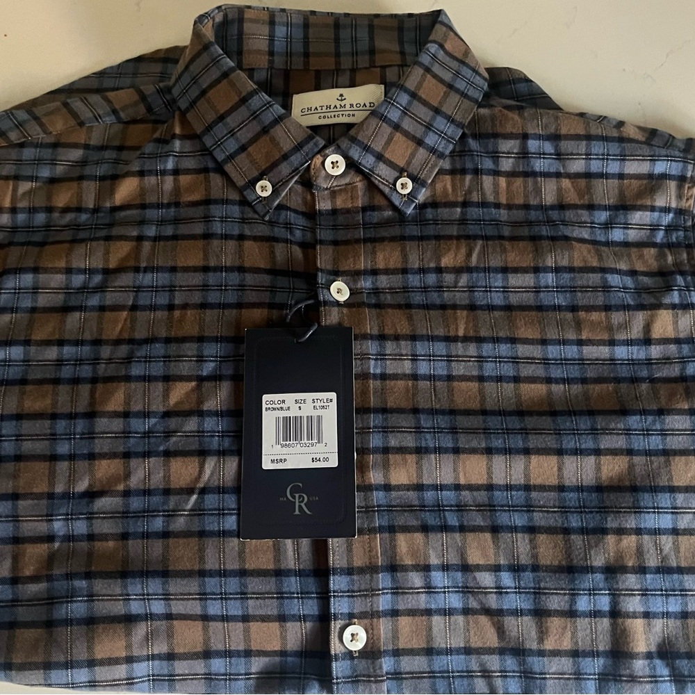 Blue and Brown Casual Button Down Shirt with Plaid Pattern